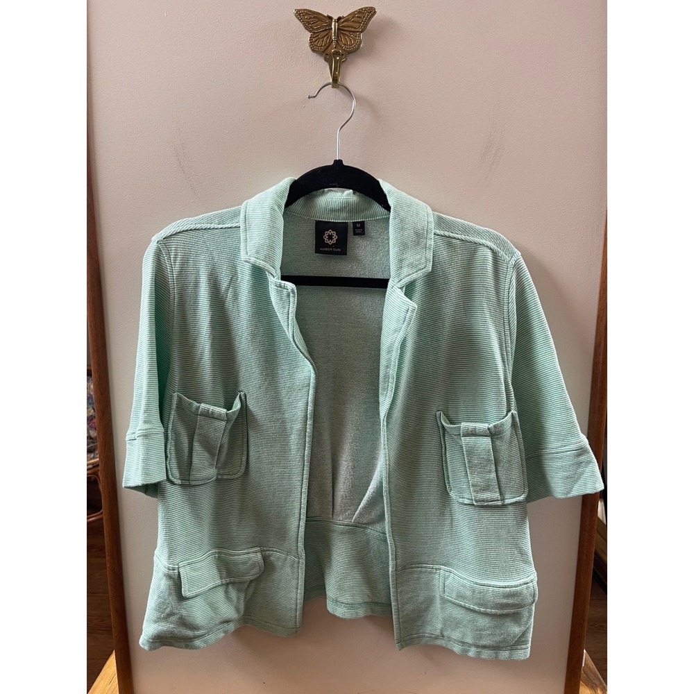 Amber Sun Cardigan Jacket Womens Medium Mint Green Striped Open Front